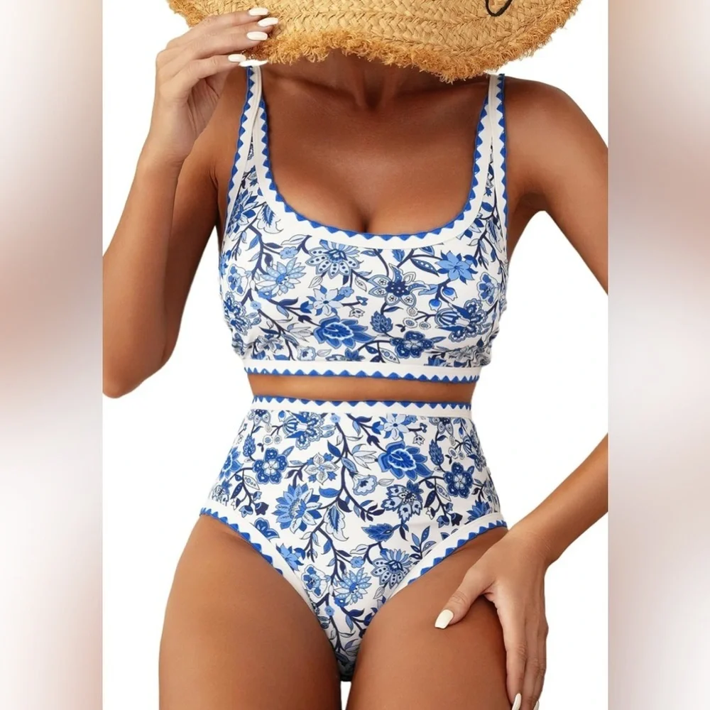 Women’s Bikini Blue Floral Whip Stitch 2 Piece
High Waisted Scoop Bathing Suits - Picture 2 of 9